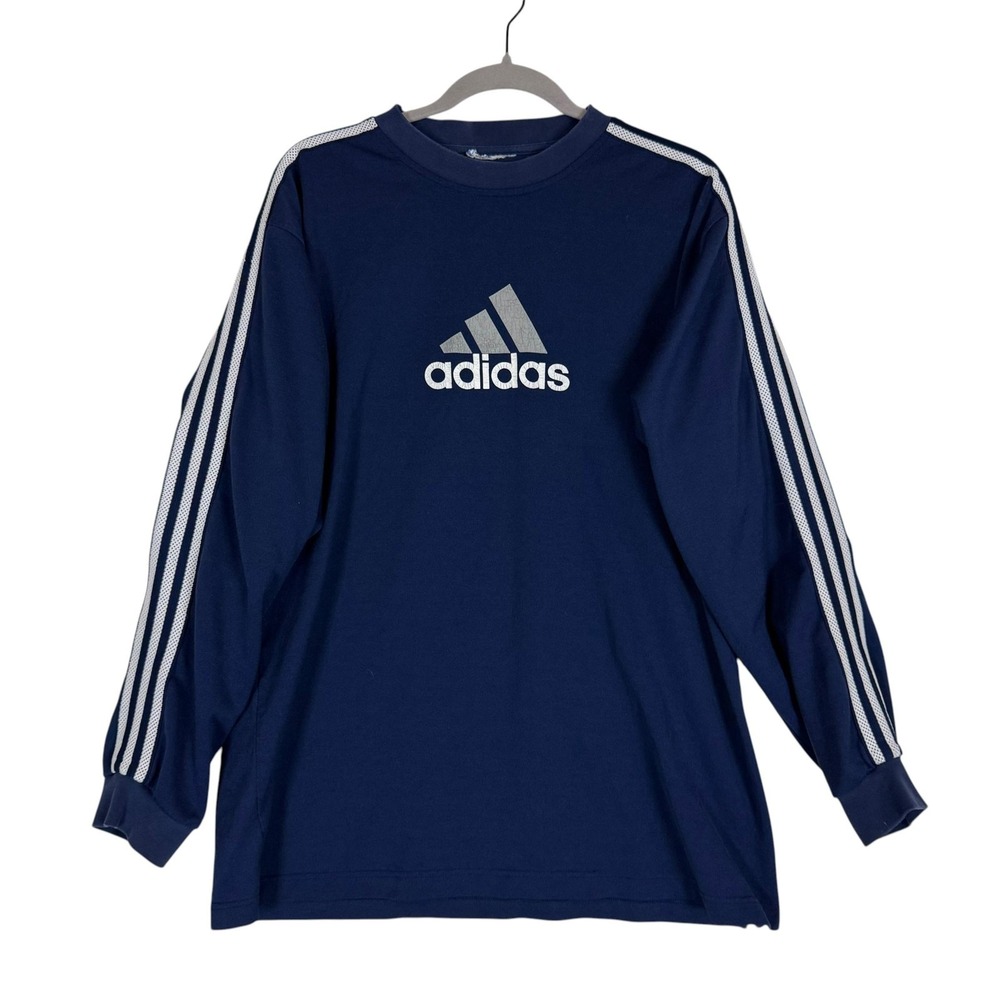 Adidas Shirt Mens XL Blue Long Sleeve Logo 3 Stripe Athletic Tee Performance